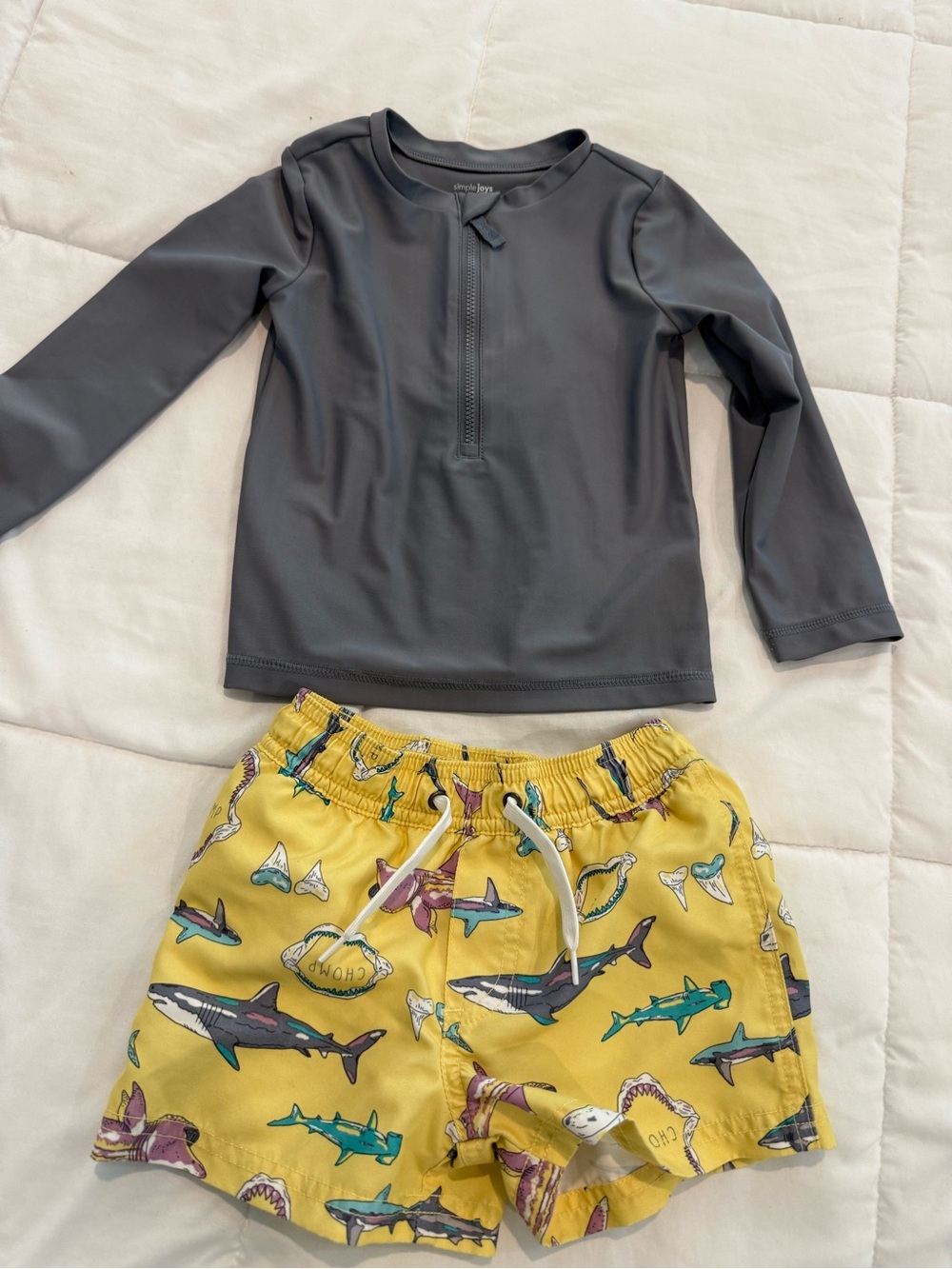 Simple Gray Long-Sleeve Rashguard with Yellow Shark Swim Shorts